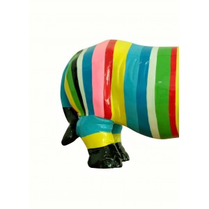 Statue rhinocéros décoration multicolore rayée corne rose - objet design moderne