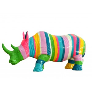 Statue rhinocéros avec rayures multicolores H24 cm - RHINO STRIPE 01