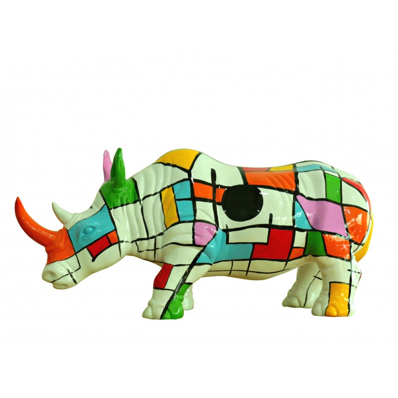 Statue rhinocéros avec carreaux multicolore H24 cm - RHINO SQUARE