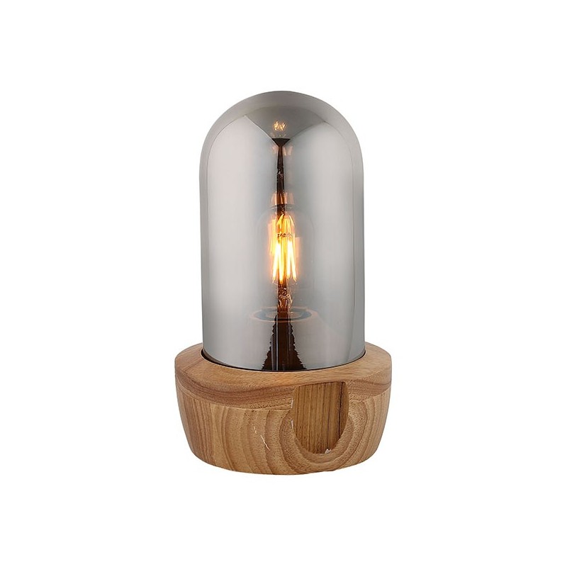 Lampe à poser en verre teinté gris et socle bois - style nordique - GIRO