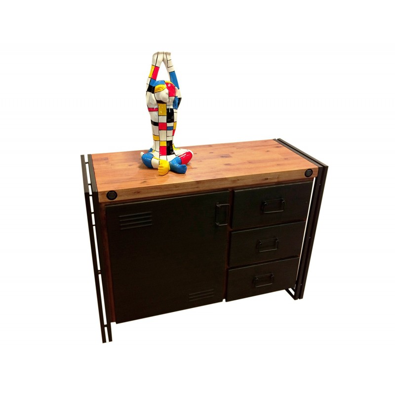 Buffet 110 cm 1 porte 3 tiroirs en bois d'acacia et métal - WORKSHOP