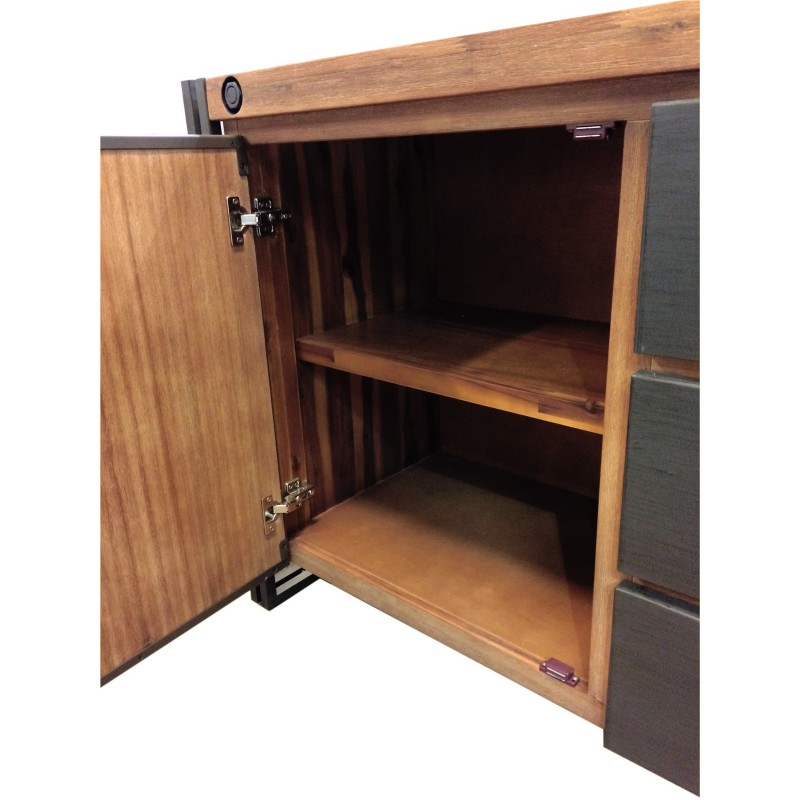 Buffet 110 cm 1 porte 3 tiroirs en bois d'acacia et métal - WORKSHOP