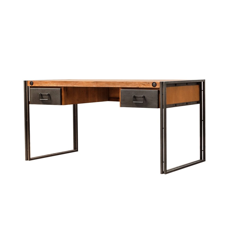 Bureau avec rangements 2 tiroirs industriel en bois massif et