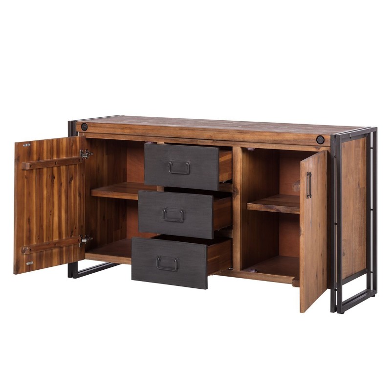 Buffet 180 cm 2 portes et 3 tiroirs bois massif et métal - WORKSHOP