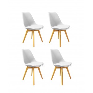 Lot 4 chaises blanches pieds bois style scandinave - LIDY