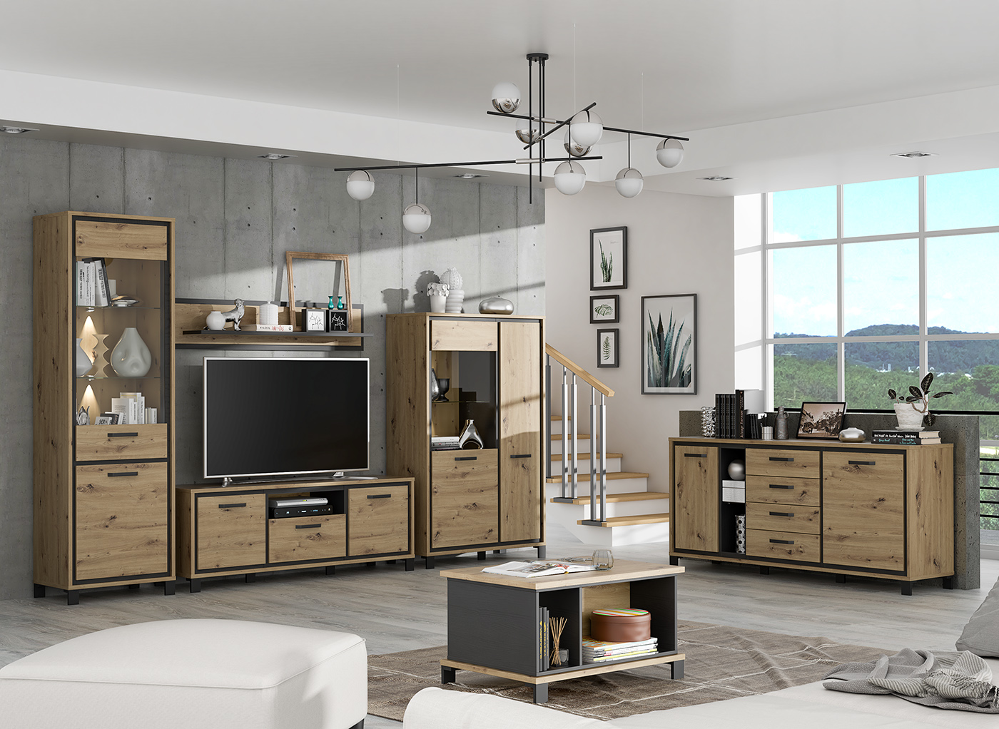 Un salon spacieux et lumineux au murs clairs, dans lequel sont placés les meubles de la collection ALIA au décor de bois clair et un insert noir.
