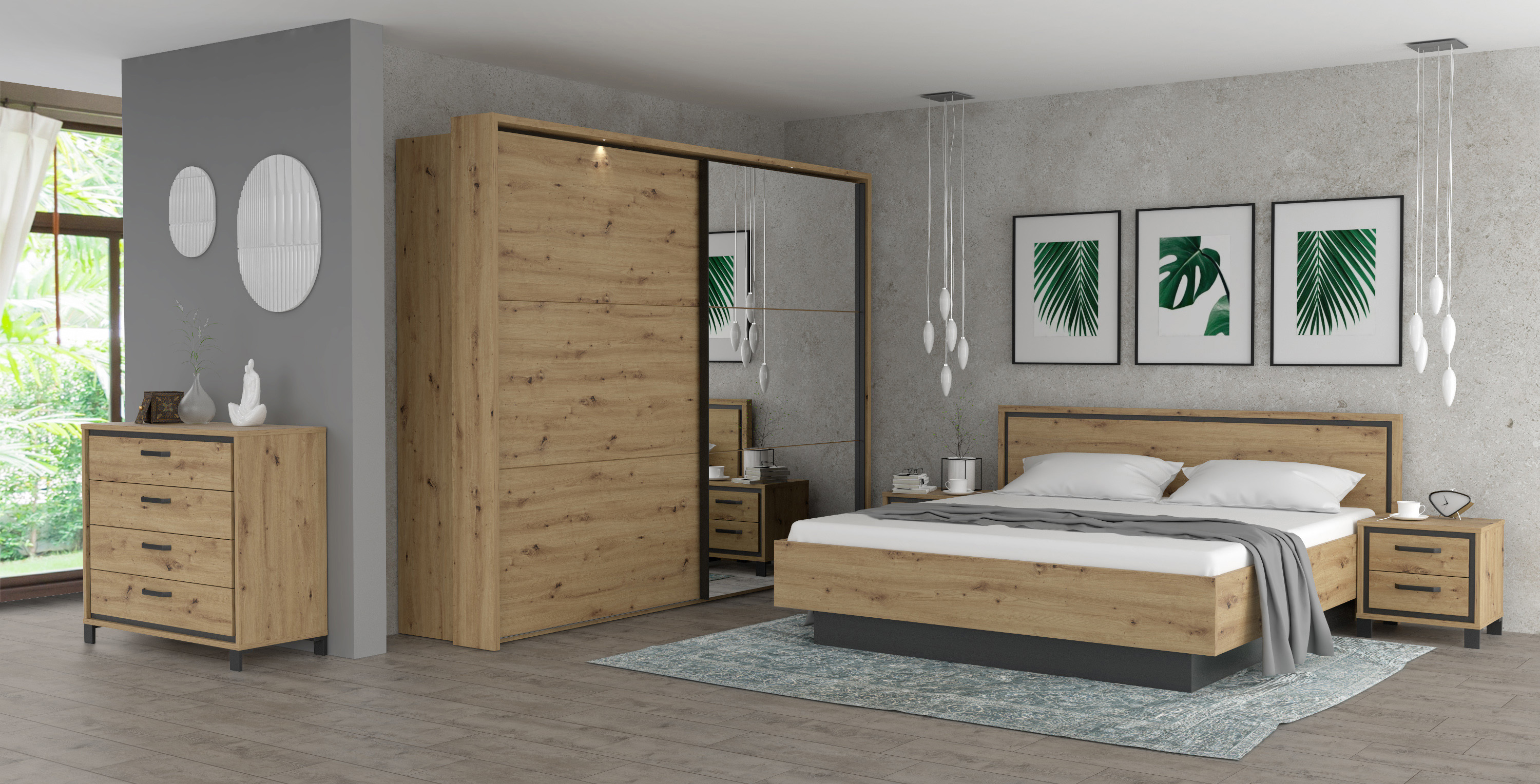 Une chambre à coucher décorée de murs gris clair à l'effet béton. S'y trouvent les meubles ALIA, les couleurs du décor de bois clair et de l'insert noir ressortant à la perfection. 