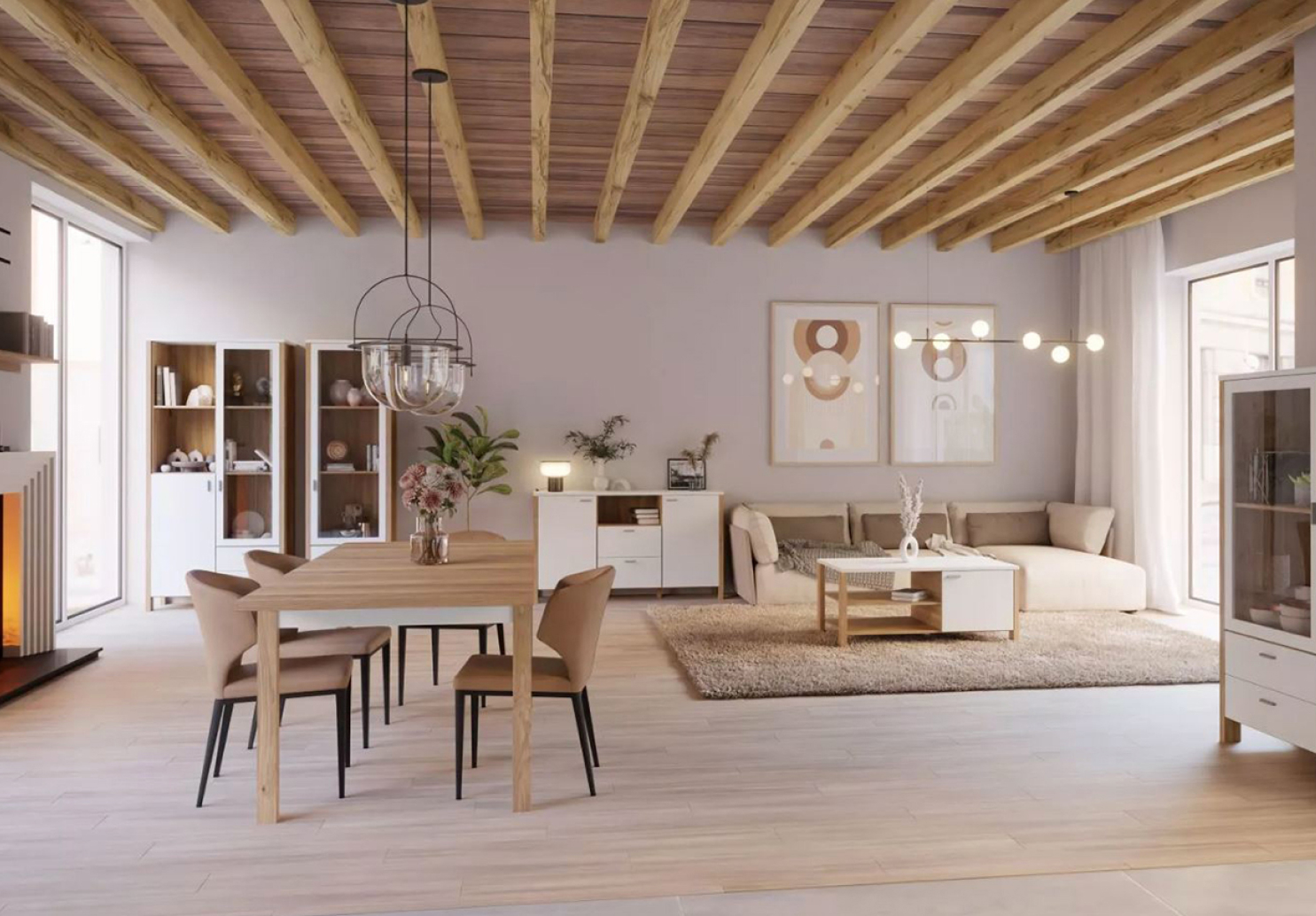Un séjour lumineux à l'inspiration scandinave au sein duquel sont disposés les différents meubles de la collection DEVONNE, d'un blanc élégant contrasté pas un décor bois clair. 