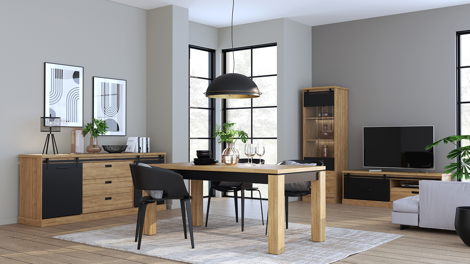 Un séjour moderne et élégant, le tout renforcé par l'incorporation des meubles de la collection FARM, avec leur décor bois chaleureux contrastés de tons noirs raffinés. 