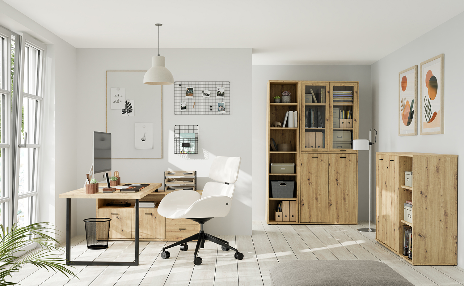 Un espace bureau lumineux et organisé, incorporant les meubles de la collection MANOLO au décor de bois de chêne chaleureux et rustique.
