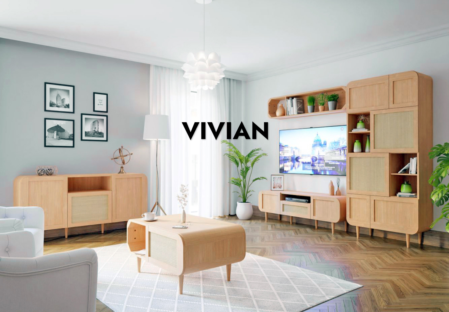 La collection VIVIAN, au meubles rétro avec leurs coins arrondis et leur bois clair associé à du cannage en rotin, présentés dans un salon lumineux. Sont présents : le buffet, la table basse, le meuble TV, l'étagère murale et le vaisselier.